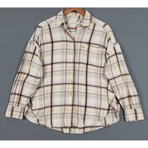 We The Free Plaid Flannel Button Down Shirt XS Cream Tan Pink Studded Oversized